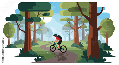 Man riding bicycle on forest path surrounded by trees.