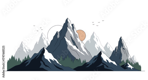 Majestic Snow-Capped Mountain Peaks Under a Soft Sun.