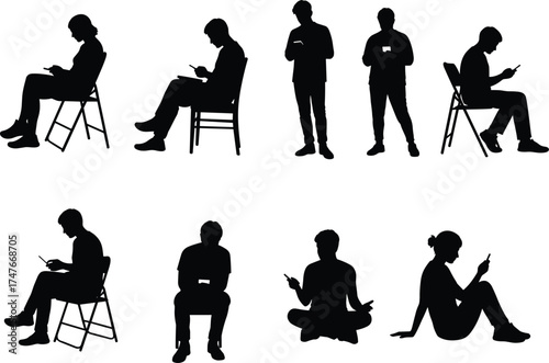 Silhouette people using smartphones, seated and standing poses, mobile device interaction, cad drawing flat vector illustration