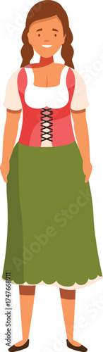 Young woman wearing traditional german dirndl dress, smiling and ready to serve beer at oktoberfest