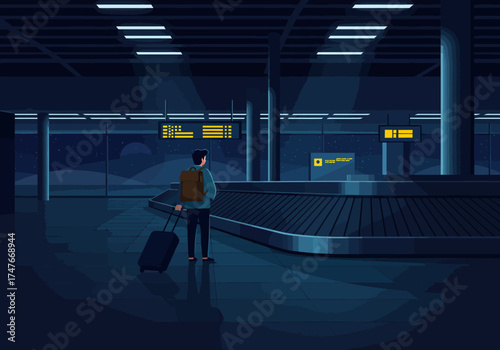 Traveler Waiting Baggage Claim Airport Night Flat Design