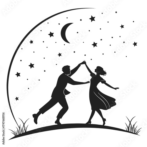 silhouettes dancing at midnight vector icon on whi