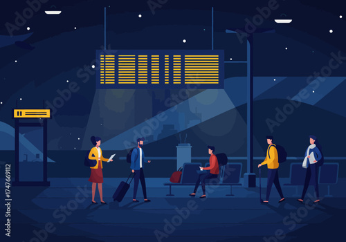 Night Airport Boarding Gate Flat Design