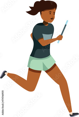 Female athlete running fast and holding a relay baton during a track and field competition