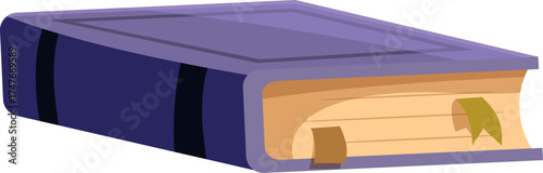Closed purple book with bookmark ribbon lying on a white background