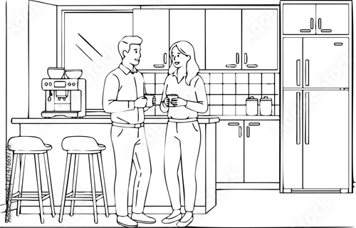 Two business colleagues having a coffee break and chatting in the office kitchen interior line art illustration