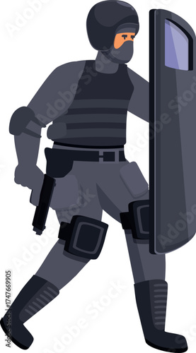 Swat team member walking forward, equipped with protective gear, holding a riot shield and a pistol