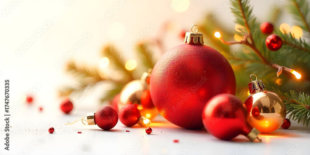 Fototapeta premium Christmas background with hanging ball star tree isolated on white background