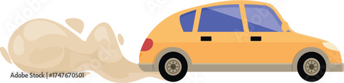 Side view of a yellow car speeding and leaving a dust cloud behind, isolated on white background