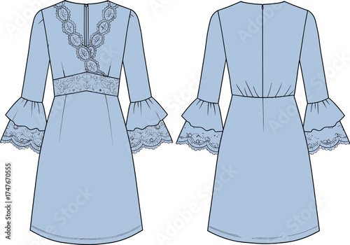 Technical dress sketch, front and back view, lace detail, tiered sleeves, fashion design, garment illustration