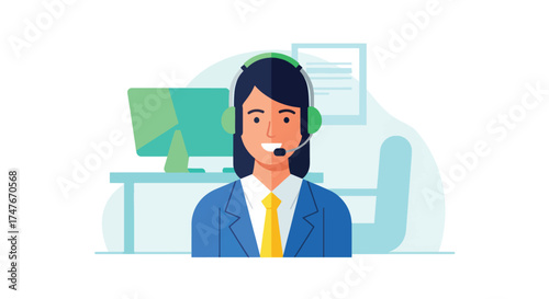 Customer service representative wearing headset and suit.