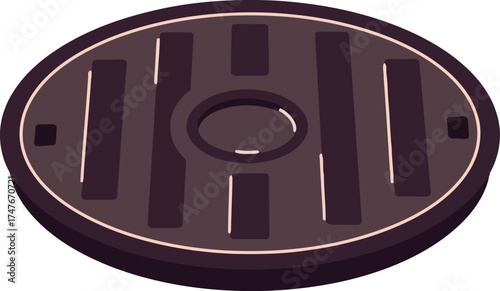 Oval dark cast iron manhole cover isolated on white vector