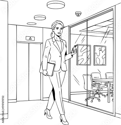 Professional woman in formal suit walking in office hallway holding smartphone and documents