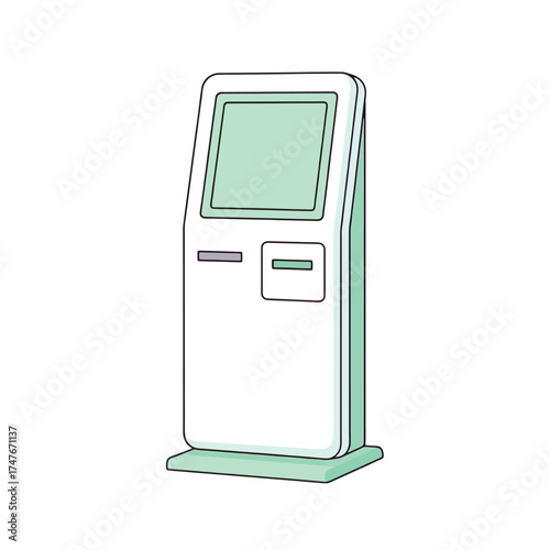 Modern interactive kiosk machine with touch screen for payment, information, or advertising in mint green tones