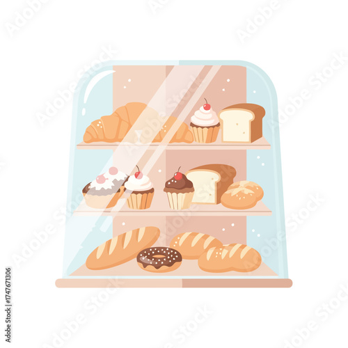 Freshly baked bread, croissants and cupcakes in a bakery display case tempting customers with sweet delights