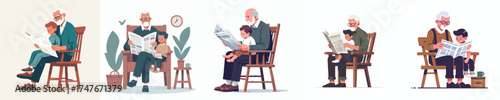 vector grandfather reading newspaper with grandson