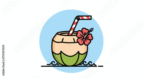 Refreshing Coconut Drink with Flower and Straw.
