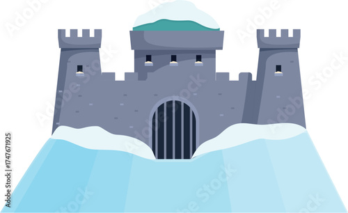 Stone castle with towers and gate, covered in snow, situated on a hill during winter, creating a picturesque scene