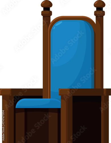 Cartoon illustration of a majestic wooden throne with blue upholstery, symbolizing royalty, power, and authority
