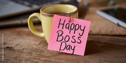 Happy boss day message on coffee mug at office desk