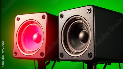 close up view of two speakers pulsating with vibrant lights, green screen