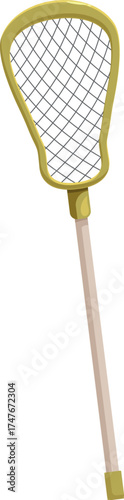 Lacrosse stick with wooden handle and net pocket standing upright against a clean white background