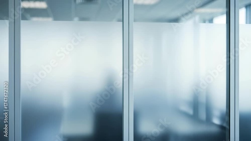 A blurred office interior with frosted glass partitions, showcasing a modern corporate workspace with indistinct figures, creating a sense of privacy and professionalism.