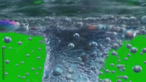 Bubbles rise from swirling currents in underwater setting with green screen backdrop