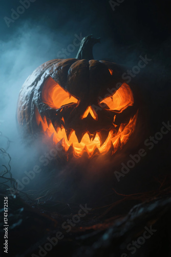 Close-Up Scary Jack-O’-Lantern in the Dark