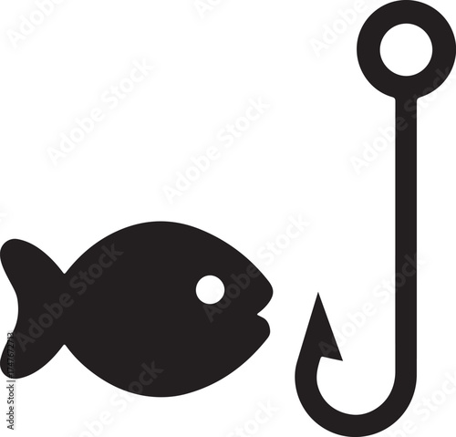 Fish and Fishing Hook Icon Black Vector Symbol for Angling Seafood Fishing Sport Bait Lure Water Activities