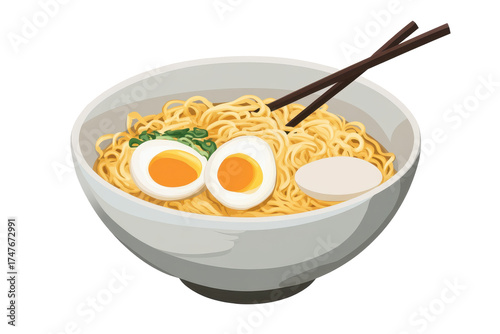 Bowl of ramen noodles with soft boiled eggs and toppings ready for a delicious meal