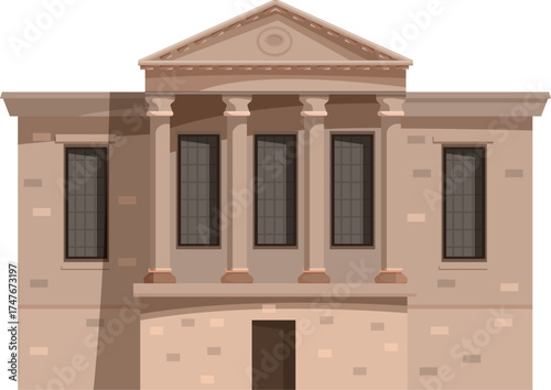 Illustration of a government building with classical columns and a pediment, representing institutional architecture