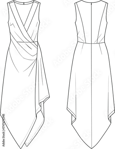 Women's asymmetrical wrap dress sketch, V-neckline, draped panel, pointed hem, sleeveless design, fashion flat drawing, vector illustration, garment design