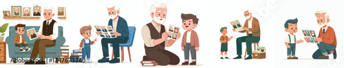 vector of grandfather showing his young photo to his grandson