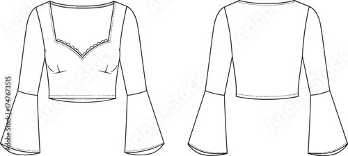 Women's crop top fashion sketch, sweetheart neckline, lace trim, bell sleeves, technical flat drawing, front and back view, apparel design, vector illustration