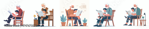 vector grandfather reading newspaper with grandson