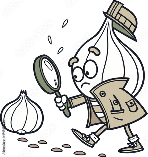 Detective garlic character investigating with magnifying glass and clues