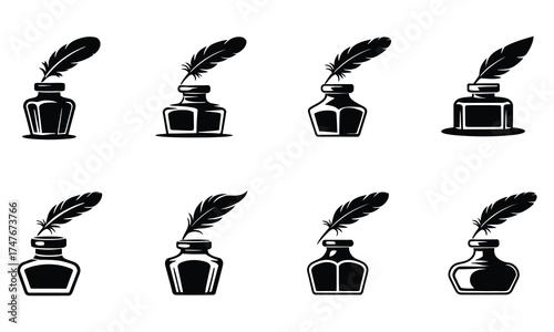 Elegant feather quill and inkwell vector icons for classic writing