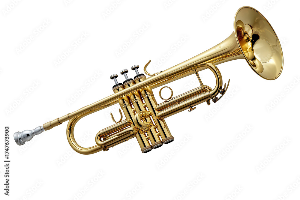 Obraz premium Trumpet in bright, reflective gold tone captured on a transparent background showcasing its elegant design and musical features often used in bands and orchestras