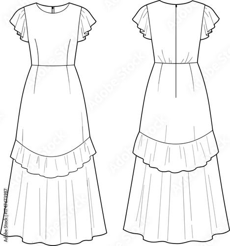 Women's dress technical sketch, fashion flat vector, layered ruffle skirt, flutter sleeve, back zipper, garment design, CAD drawing flat vector illustration