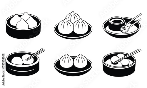 Variety of Dim Sum Monochrome Vector Illustration Asian Food Dishes
