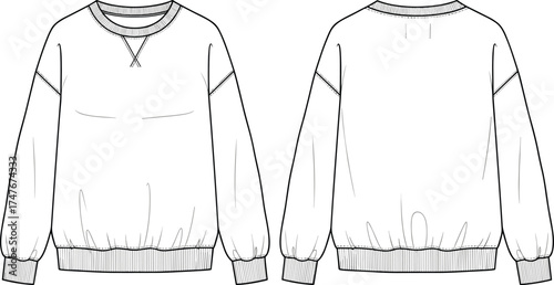 Fashion technical drawing of sweatshirt with crew neckline, ribbed cuffs, ribbed hem, relaxed fit, garment flat sketch, apparel design illustration