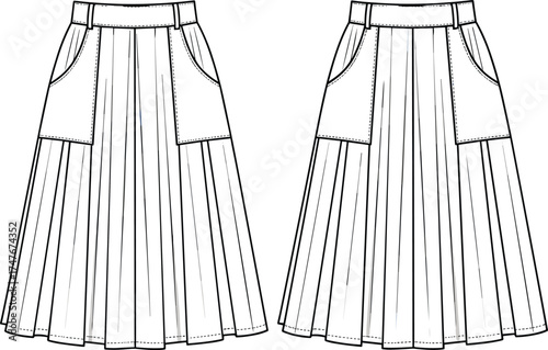 Fashion technical drawing of pleated skirts with waistband, patch pockets, garment flat sketch, apparel design illustration, sewing pattern, clothing template