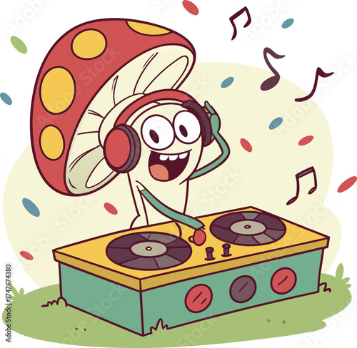 Funky mushroom dj with headphones spins records on turntable party scene