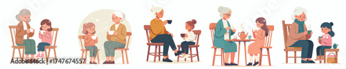 vector grandmother drinking tea with grandchildren