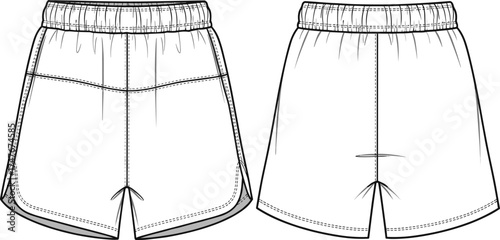 Fashion technical drawing of athletic shorts with elastic waistband, side panels, gusset seam, garment flat sketch, apparel design illustration, sewing pattern