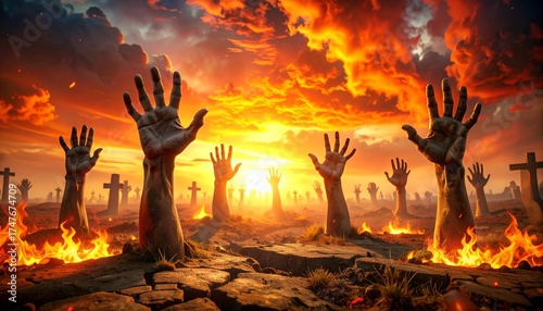 Apocalyptic Zombie Graveyard at Fiery Sunset – Surreal Horror Digital Art
