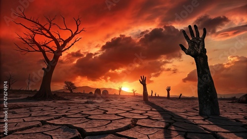 Apocalyptic Zombie Graveyard at Fiery Sunset – Surreal Horror Digital Art
