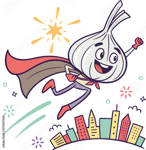 Superhero garlic flying over colorful cityscape inspiring healthy living