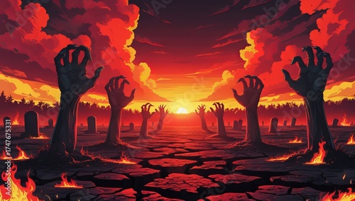 Apocalyptic Zombie Graveyard at Fiery Sunset – Surreal Horror Digital Art
